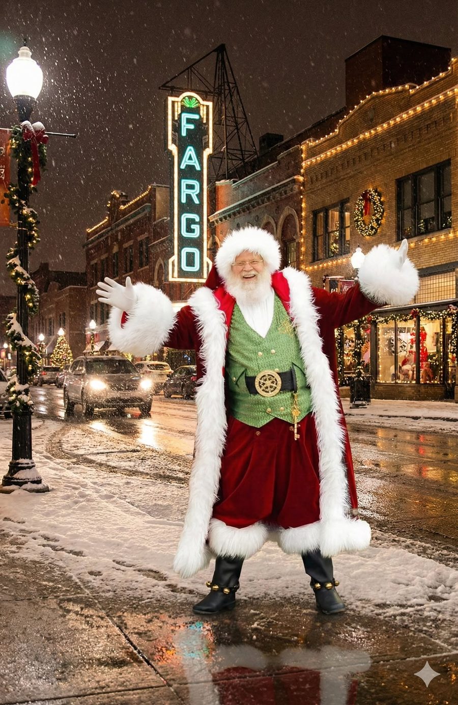 Fargo Santa standing arms wide beneath the Fargo Theatre marquee on a snowy downtown evening